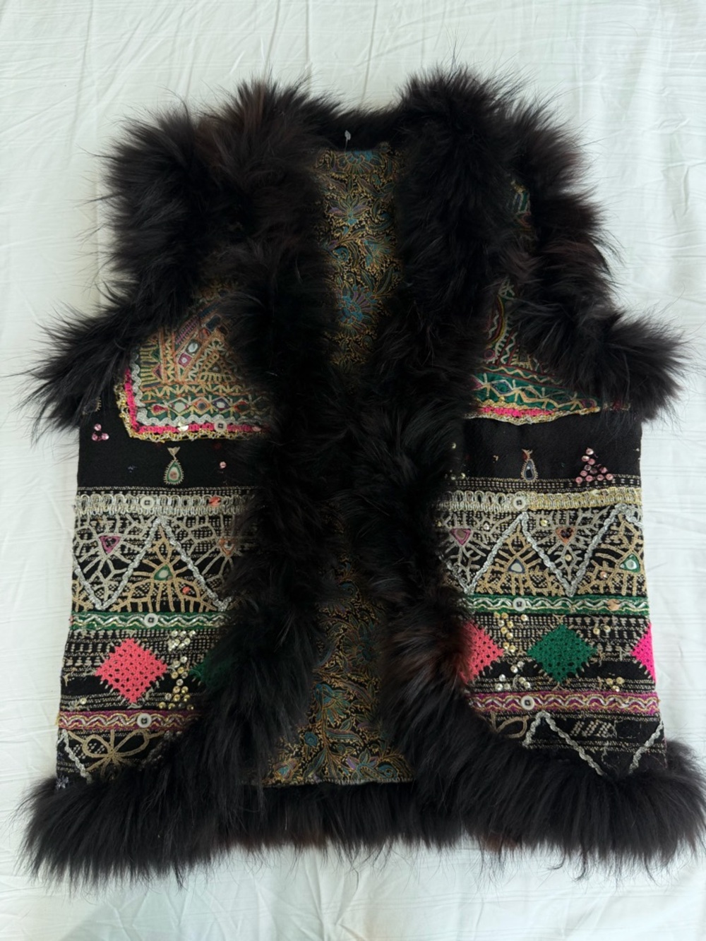 Embroidered Faux-Fur Trim Vest in Black with Multicolor Accents